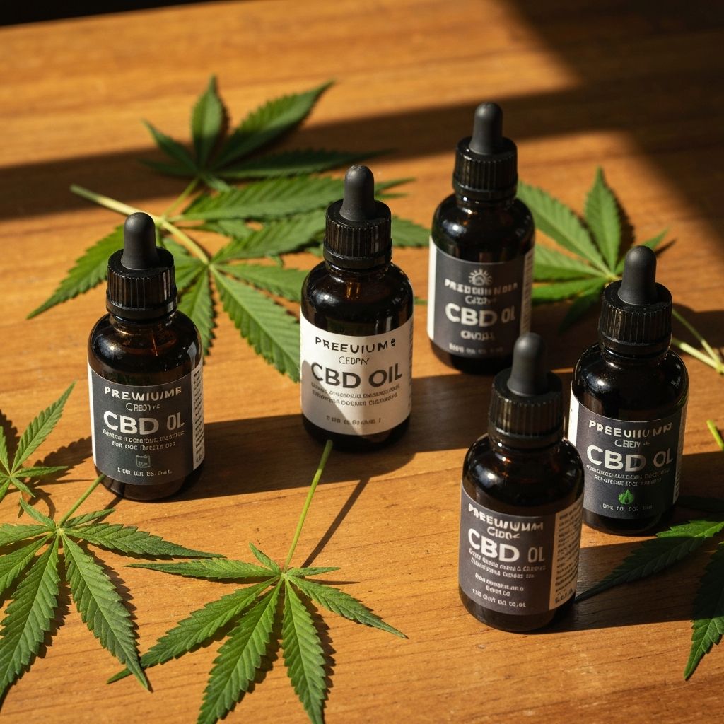 Butelki z olejem CBD na naturalnym tle